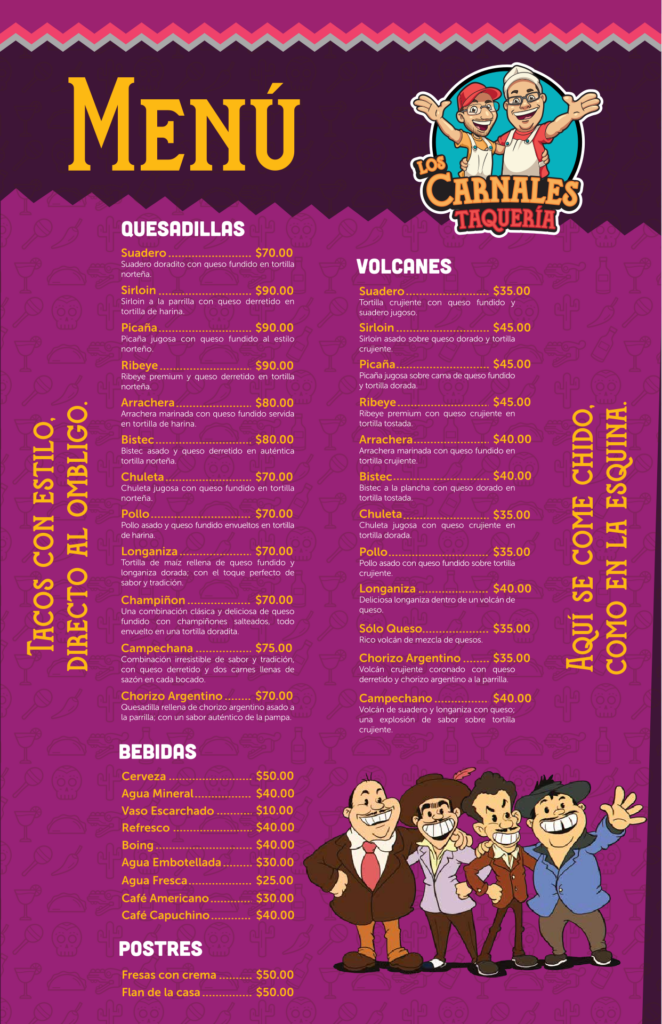 Menú de Los Carnales Taquería